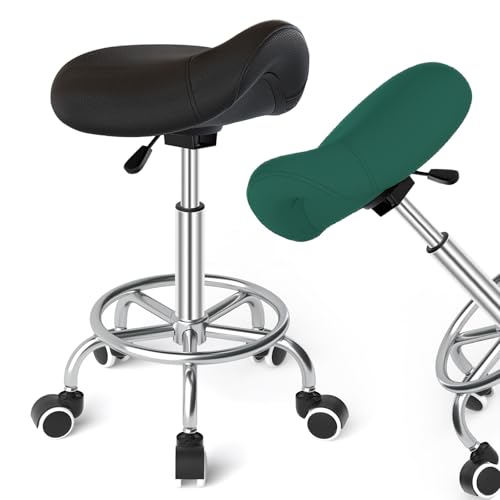 Sattelhocker Ergonomisch - Bequemer Sattelstuhl mit einem breiten Sattelsitzkissen, drehbarer, verstellbarer Sattelhocker mit Rollen und Ringpedal für Medizin,Massage, Salon, Schwarz & Grün Set