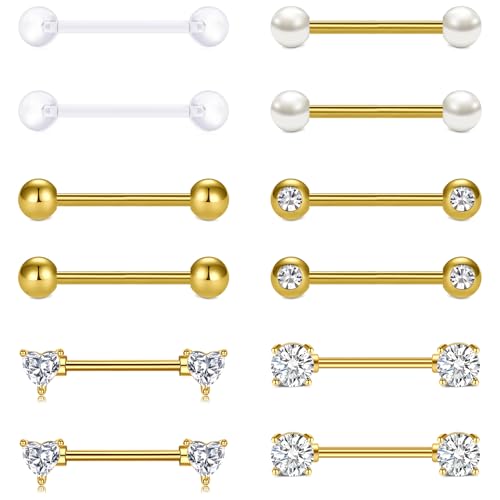 AVYRING 6 Pairs Stainless Steel Gold Nipple Bars - 14G 16mm Straight Barbell with Heart & Round Cubic Zirconia Tongue Piercing Jewelry for Women Men