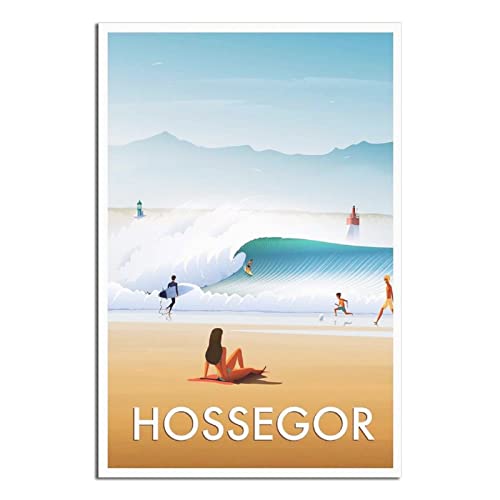 QSWSW Hossegor France Beach Surfing Poster vintage sur toile Cadeau Décoration murale Poster moderne Famille 12x18inchs(30x45cm)