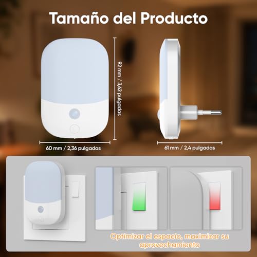 2 Piezas Luz Nocturnas infantil con Enchufe, Sensor de Luz Inteligente Crepuscular, 5 Brillos Regulables, 3 Modos, Blanca Cálida Noche para Habitación Bebé, Escalera, Cocina, 0,3W Sin Control Remoto - Imagen 6