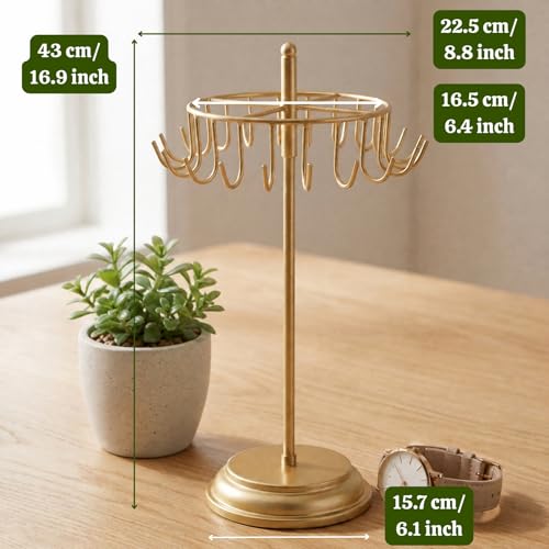 Image of ecofynd Metal Jewelry Organizer Stand with 20 Hooks, 360 Rotating 17-Inch Holder for Earrings, Necklaces, Bracelets & Rings, Space-Saving Display for Vanity, Dressing Table & Home (Gold, JS012)