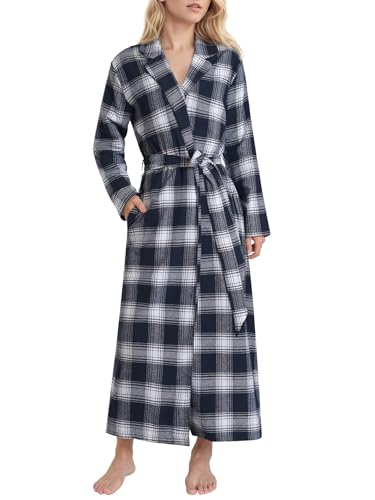 Latuza Womens Petite Size Flannel Robe Warm Plaid Bathrobe Full Length L Navy