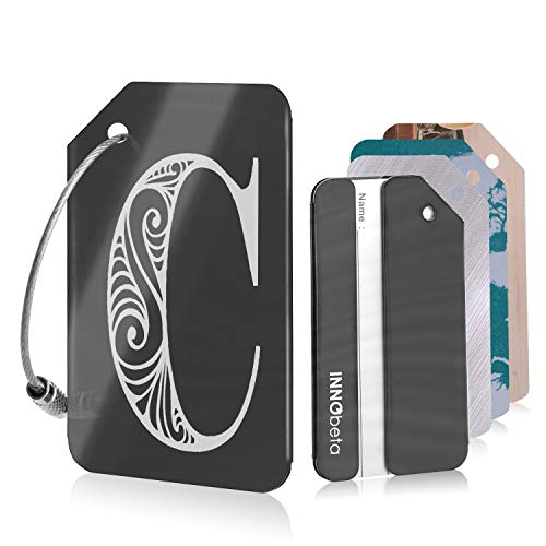 Identificador de Maletas, Diseño Inicial Etiquetas para Maletas de Viaje, Acero Inoxidable Etiquetas para Equipaje con 2 Bucles de Acero Inoxidable y 3 Información Adicionales, Espejo Negro, Letra C