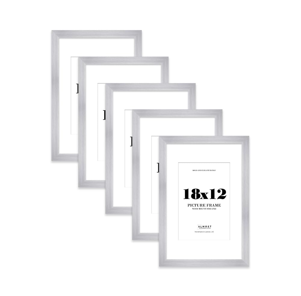 18x12" Silver Frame With Mount for 12x8" Pictures 28mm Edge Portrait and Landscape Display with Wall Hooks, 5 Pack
