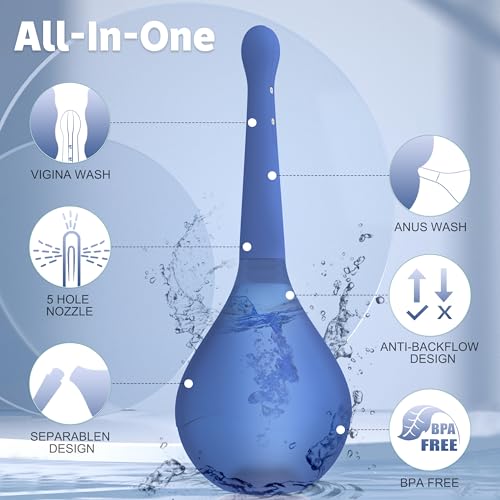 Image of Enema Douche for Men & Women - Anti Back-Flow Anal Bulb with 5-Opening Spray Tip, 150ml Portable Kit for Personal Intimate Hygiene (Dark Blue)