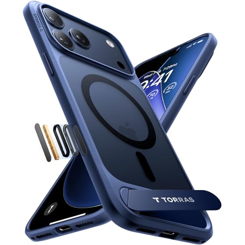 TORRAS Ostand L1 für iPhone 17 Pro Hülle für MagSafe mit kapazitiven Tasten für mit unsichtbarem Ständer Militärschutz Magnetkraft Zertifiziert Handyhülle für iPhone 17 Pro Case Stoßfest Matt blau
