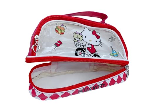 Image of Hello Kitty Cartoon Storage Pen Bag - Large Capacity Transparent Double Layer Portable Stationery Case - Red Pencil Case for Boys & Girls Multifunctional Soft Pouch for School Kids