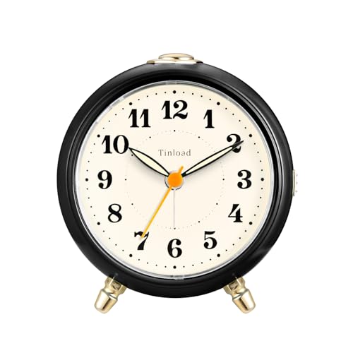 Tinload Vintage Retro Analog Alarm Clock, Super Silent Non Ticking Small Clock with Manual Light, Battery Operated, Snooze, for Kids,Bedroom,Travel,Kitchen,Bedside Desktop. (Black)