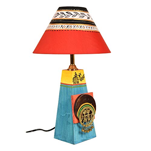 Image of AAKRITI ART CREATIONS MDF Board Table Lamp for Study Room, Bedroom & Living Room Decoration | Madhubani Elephant & Tribal Folk Art Bedside Lamp with Cotton Fabric Shade | Aesthetic Night Lamp