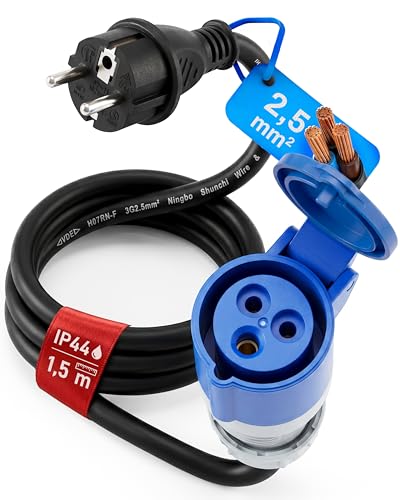 feletec Adaptateur Schuko mâle vers Prise CEE Femelle – Rallonge 1,5 m Camping IP44 – Câble H07RN-F 3G2,5 – 230V 16A pour Caravane, Camping-Car,...
