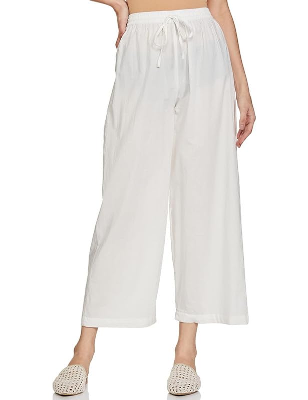 Image of Pack of 1 Stylish & Comfortable Rayon Cotton Straight Cut Wide Legs Palazzo Trousers for Women /Knitted Rayon Cotton Ethnic Palazzo White