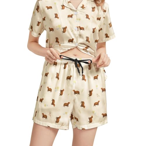 Image of Funny Satin Pajamas Set for Women Button Down Sleepwear Print Pjs Set 2 Piece Short Sleeve Loungewear Gift for Women