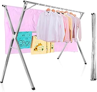 BQKOZFIN 1.5M Retractable Stainless Steel Clothes Drying Rack with 20 PP Windproof Hooks Free Installed Heavy Duty Space Saving Garment Rack Folding Hanger Rack for Home, Silver
