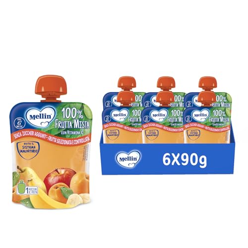 Mellin Pouch Merenda Frutta Mista Con Vitamina C, 90 g, Confezione da 6
