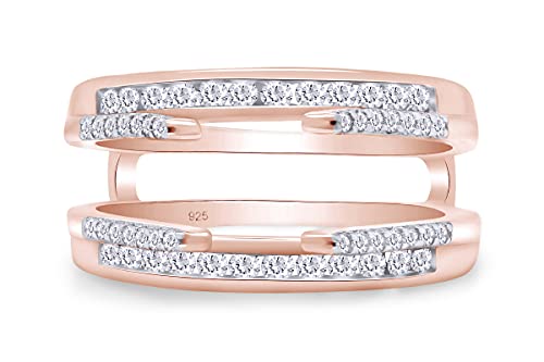 Round Cut White Cubic Zirconia Solitaire Chevron Double Enhancer Guard Ring, 14K White Gold Over Sterling Silver, Elegant Wedding Jewelry for Women2