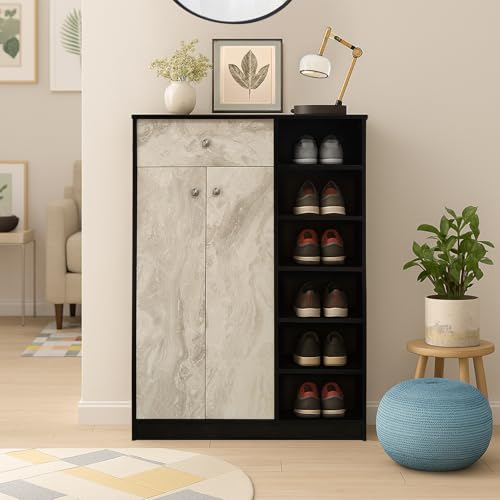Image of KIK Liberty Engineered Wood 2 Doors Shoe Rack Cabinet Slipper Footwear Stand Organizer with Drawer can Store Up to 24 Pairs for Home (Wenge & Marble Finish)