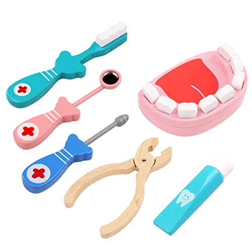 XLKJ 6 unidades Jogo de crianças médico de madeira, jogo de roleplay de madeira de doutora de brinquedos para crianças, conjunto de ferramentas de modelo de dentes