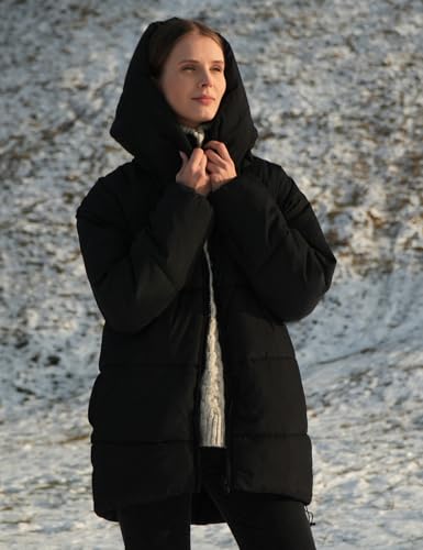 Flygo Womens Hooded Quilted Puffer Jacket Mid-Length Padded Warm Winter Heavyweight Coat Outerwear4
