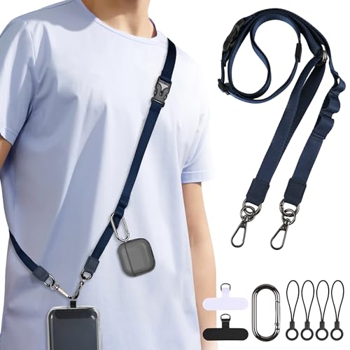 [MagStan] 【新改良・多用途】スマホストラップ 幅1.5cm YKKバックル使用 首掛け/斜め掛け/肩掛け/手首ひも 瞬時の着脱 長さ調節自由 2WAY・ハンドストラップ 装着長さ45cm~75cm 携帯ストラップ 手帳型ケース対応 高耐久ナイロン ７Pセット付属品充実 ショルダーストラップ ネックストラップ 全機種対応 落下防止 散歩 通勤 通学 旅行 (ネイビー)
