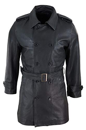 Mens Black 3/4 Trench Coat Real Leather Belted Jacket Classic Soft Napa Classic3
