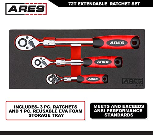 Image of ARES 42055-3-Piece 72-Tooth Extendable Ratchet Set - Chrome Vanadium Steel - Mirror Polish Chrome Finish - Comfort Grip Injection Handle - Quick Release Socket Change - 72-Tooth Reversible Design