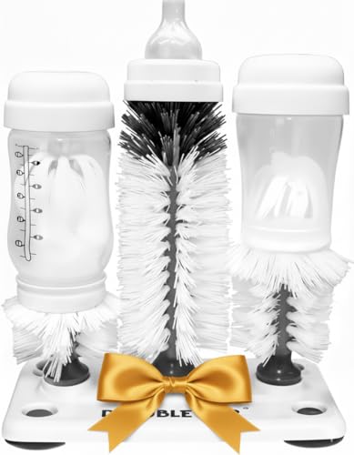 Double Baby Bottle Cleaning Brush Set with Suction Base - Cleans Two Bottles at Once - Includes Nipple Cleaner Brush - High Density Bristles, Dishwasher Safe - Baby Gift & Newborn Essential