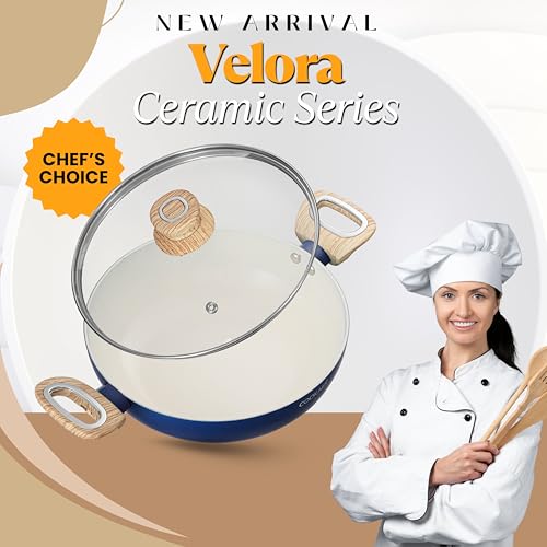 Image of Kadhai with Glass Lid 24cm 2.5 LTR | Velora Non Stick Ceramic Coating | ISI Certified | Induction Stovetop Compatible | Kitchen Cookware Kadai for Cooking | Aluminium Body | Kadhai with Lid |