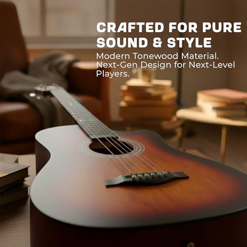 Image of Revel 38 Inch Acoustic Guitar Cutaway Wooden Guitar with High-Gloss Finish, Steel Strings, Smooth Tuning Pegs, Includes Carry Bag, Picks & String Winder | Acoustic Guitar for Beginners.(SUN BURST)