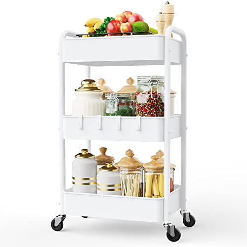 Image of LEHOM 3 Tier Rolling Utility Cart, Metal Trolley Cart with Wheels, Hooks, Easy Assembly Organizer Storage Cart for Bathroom, Kitchen, Office, Bedroom(White)
