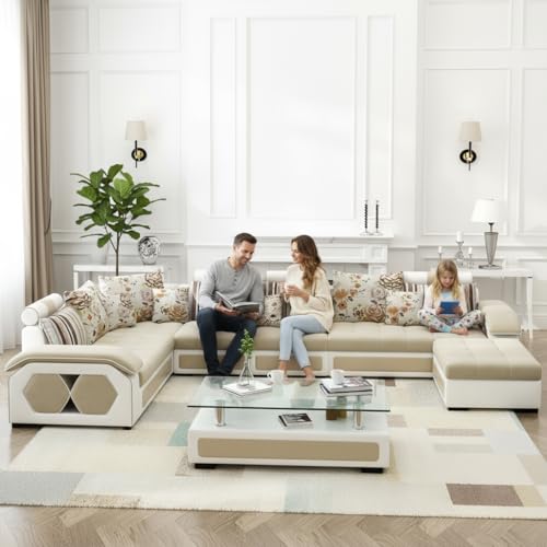 Image of Brown Maple U-Shape Sectional Sofa Set for Home | 10-Seater Fabric Sofa with Tea Table & 4 Puffy | Spacious Seating for 14 Persons | Pre-Assembled, Modern Comfort Design(White)
