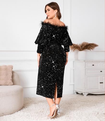 Women Sexy Sequin Off The Shoulder Puff 3/4 Sleeve Bodycon Dress Formal Party Cocktail Evening Midi Dress2