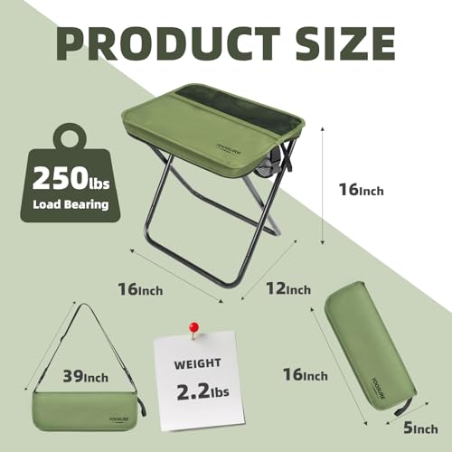 Image of 16 inch Extra Tall Portable Folding Stool for Adults, X-Large Collapsible Camping Chair with 3 Storage Pockets, Heavy Duty Travel Seat for Fishing, Hiking, Gardening