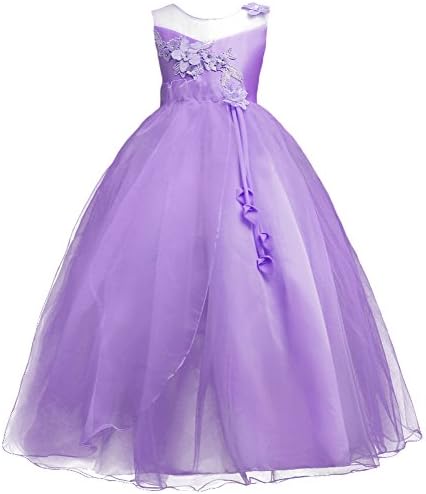 Iwemek Kids Girls Princess 5-16T Tulle Lace Flower Pageant Dress Puffy Floor Length Wedding Bridesmaid Party Tutu Maxi Gow, Purple, 10-11