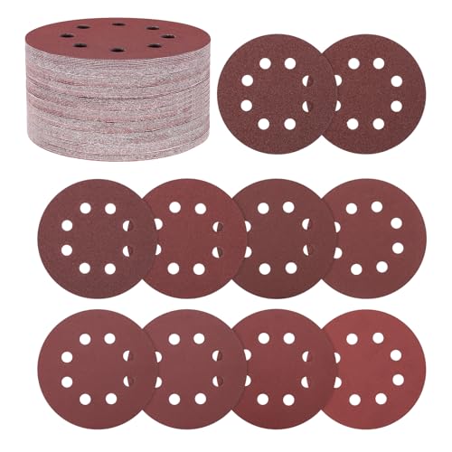 Kozelo 60 Pack Sanding Disc Kit 5 Inch 40/60/80/100/120/150/240/320/400/600 Grit 8 Hole Hook and Loop Random Orbital Sandpaper for Drywall Sander Wood Metal