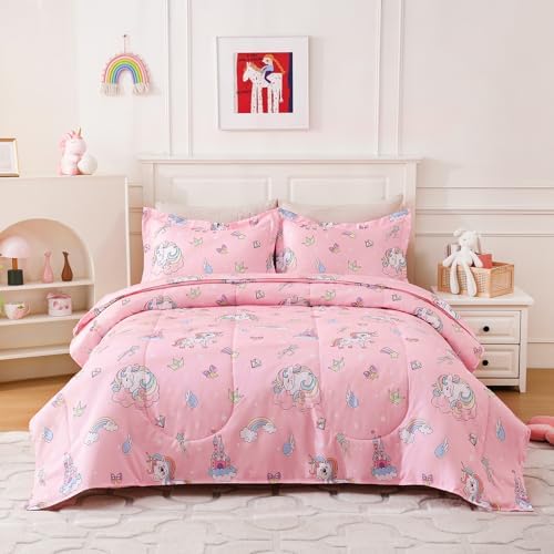 Kids Comforter Sets for Girls Unicorn Twin Bedding Set Pink Bed S...