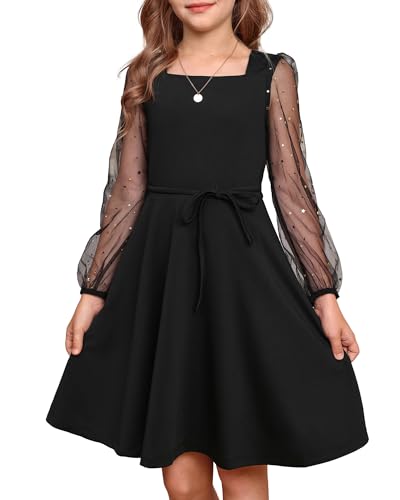 GRACE KARIN Girls Long Sleeve Dress Party Formal Contrast Mesh Puff High Waist Tie Square Neck 6-12 Years