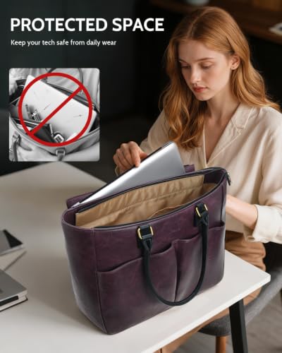 Image of Laptop Tote Bag for Women, Leather Work Tote with Padded Laptop Compartment, Cup Holder, Office Computer Briefcase