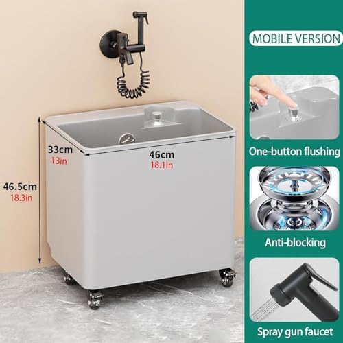 PP Plastic Utility Sink with Spray Gun, One-Touch Drainage Mop Basin for Garage, Laundry, Pet Bath - Durable Mobile Floor Mop Sink (Gray)