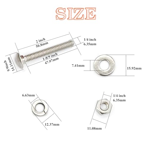 Image of 10 Sets 1 /4 inch-20 x2 Carriage Bolts Round Head Square Neck Screws with Hex Nuts Flat Washers Spring Lock Washers 304 Stainless Steel Full Thread Coverage Square Neck Bolts Assortment Kit