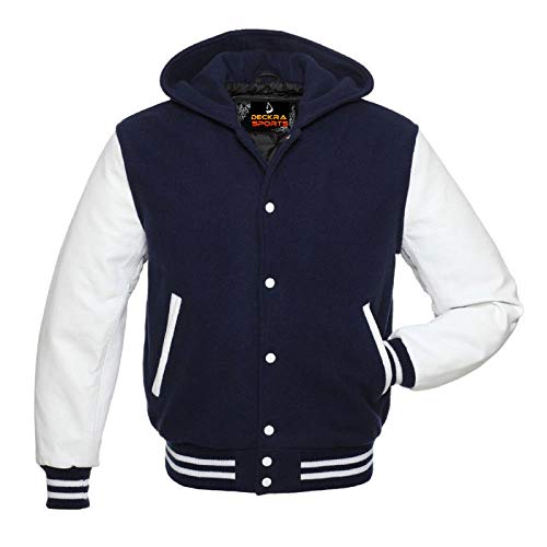 Image of Deckra Men's Varsity Jacket Genuine Leather Sleeve and Wool Blend Letterman Boys College Varsity Jackets XS-5XL