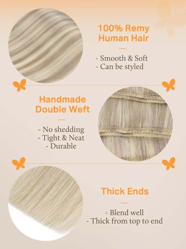 Image of DOORES Sew in Hair Extensions Real Human Hair, Honey Blonde Highlight Platinum Blonde 24 Inch 120g Hiand Tied Weft Natural Straight