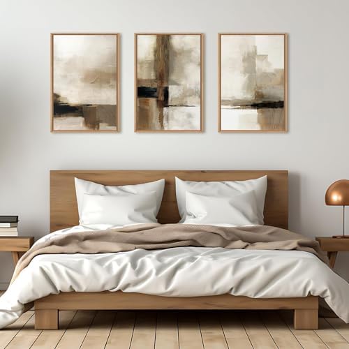 Ausril Large Abstract Neutral Framed Canvas Wall Art Set,Brown Beige Wall Decor,Minimalist Black Wall Painting,Modern Brush Stroke Line Art Print for Living Room,Bedroom,Office- 16"x24"x3 - 4