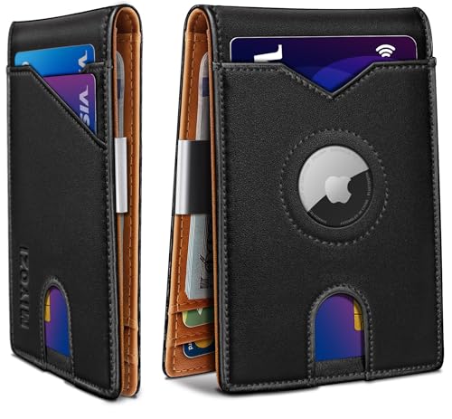 miyozi Airtag Wallet for Men,with Money Clip 11 Cards Slim Front Pocket Leather RFID Blocking Wallet with Gift Box, Leather Black006, Minimalist