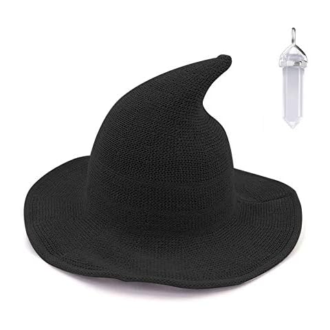 YAMEE Womens Witch Hat Wizard Kinitted-Wool Hats Adult Costume Party Accessory Halloween Masquerade Cosplay Cap (Black) Cover