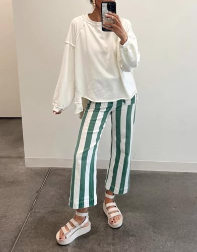 Kedera Women Striped Pants Wide Leg Trousers Casual High Waisted Pants Summer Flare Jeans with Patched Pockets3