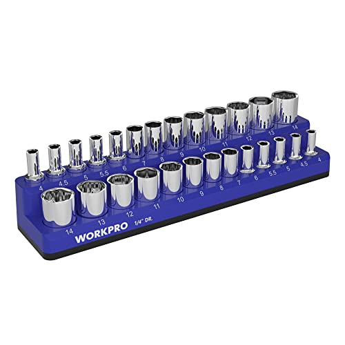 WORKPRO Magnetic Socket Organizer, 1/4-Inch Metric Socket Holder, Tool Trays Holds 26 Pieces Standard Size and Deep Size Sockets(Sockets not Included)