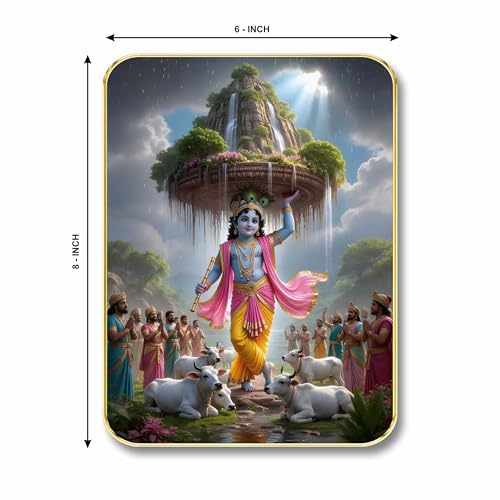 Image of SAF Lord Krishna Govardhan Leela Wall Art with Table Top Stand & Wall Hanging Hole | Premium MDF Religious Painting for Mandir Home Office Decor