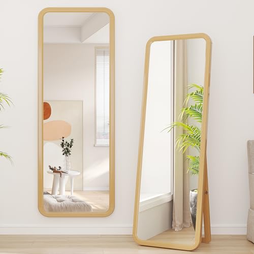 Image of dnbss 63"x22" Wooden Full Length Mirror, Large Floor Mirror with Solid Wood Frame, Full Body Mirror with Stand Free Standing, Wall-Mounted for Bedroom, Living Room, Rustic Wood