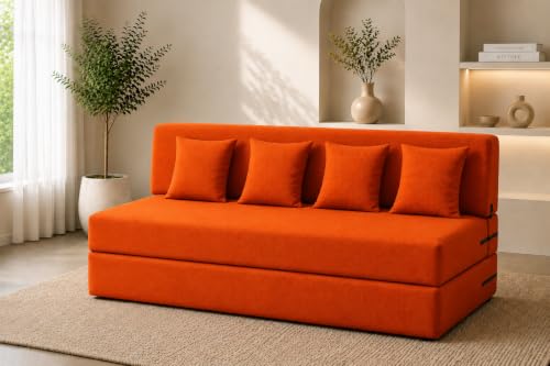Image of Four Seater Sofa Cum Bed 6x6 Ft with Soft Foam Cushioning, Comfortable Foldable Sofa Bed for Living Room, Bedroom, Guest Room & Office(Orange)