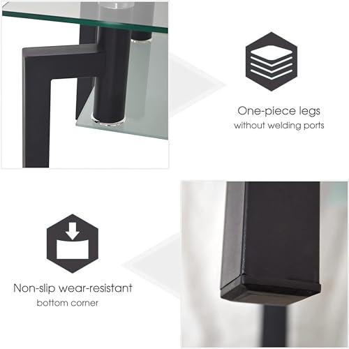 Timoau Rectangle Tempered Glass Coffee Table, Metal Leg Glass Coffee Tables for Living Room, 2-Tier End Tea Table with Shelf, Cocktail Table Waiting Area Table, Accent Table, Black